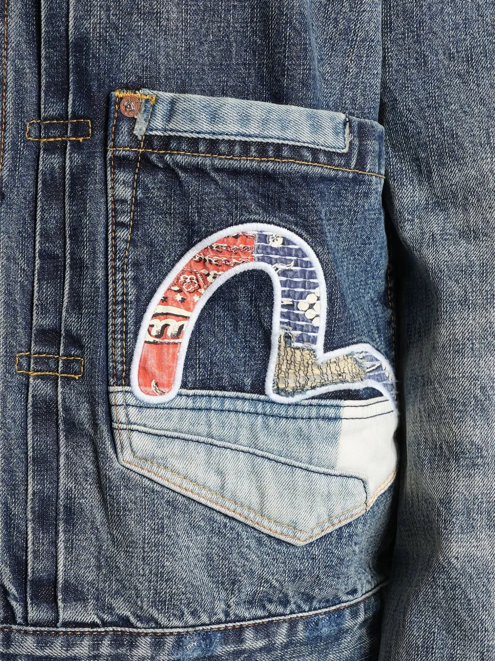 EVISU patchwork Seagull denim jacket Blauw