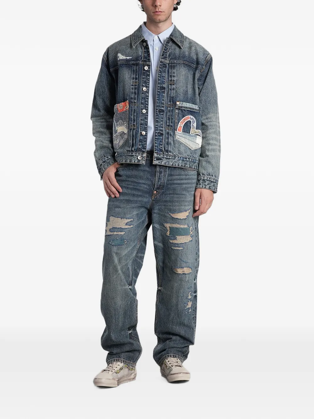 EVISU patchwork Seagull denim jacket Blauw