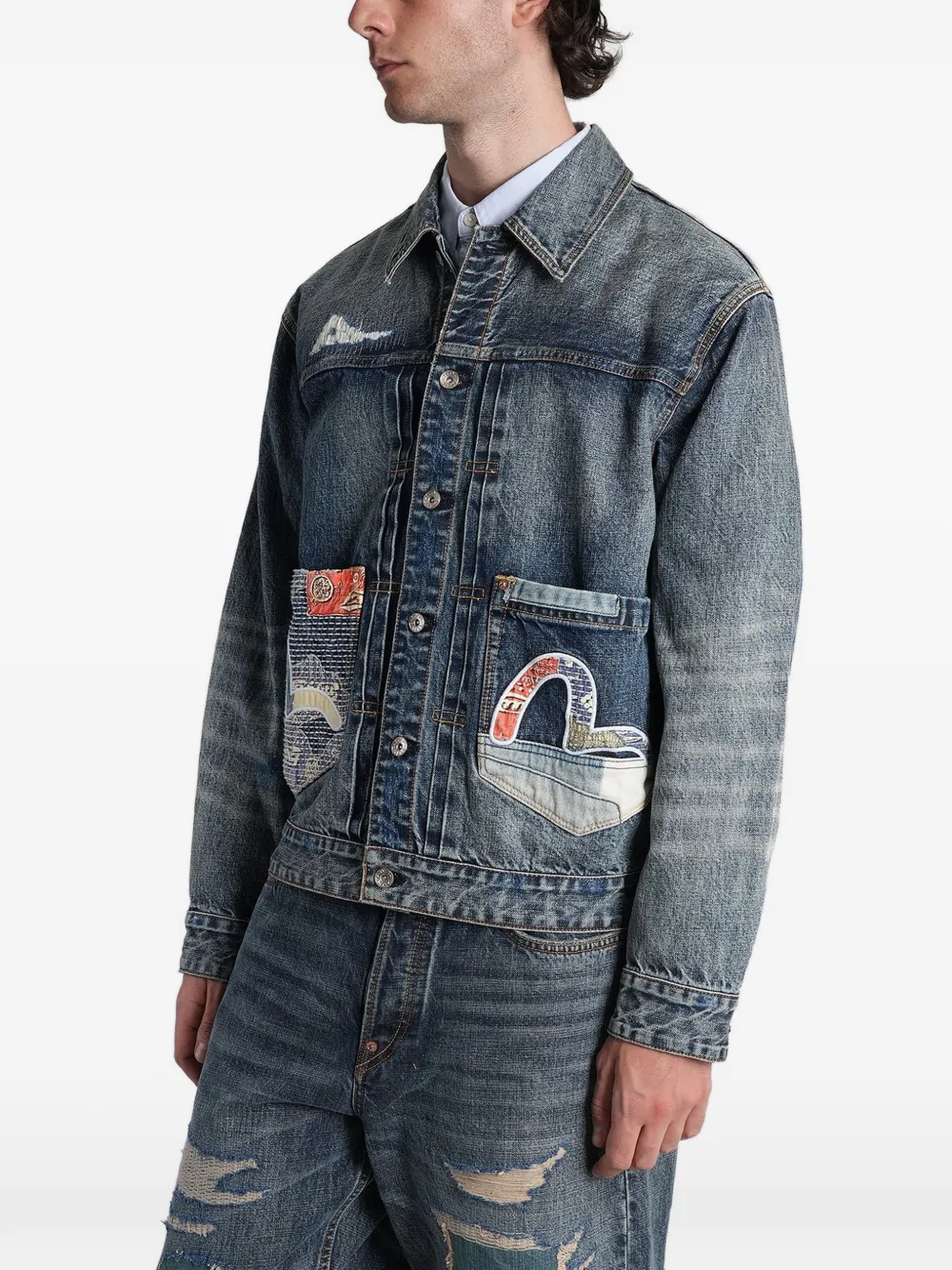 EVISU patchwork Seagull denim jacket Blauw