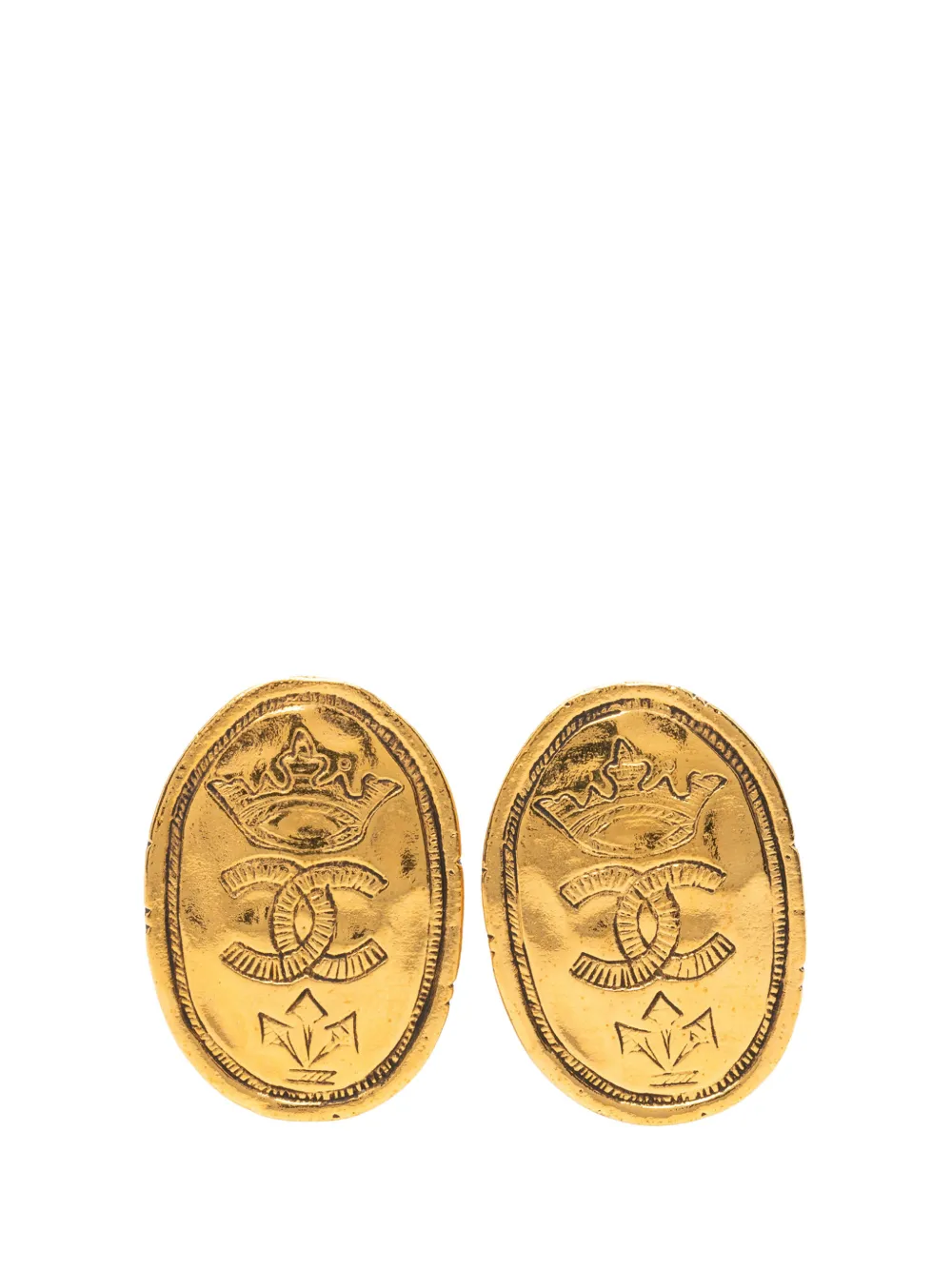 CHANEL Pre-Owned 1980-1990 CC Gold Plated Crown Oval Clip On Earrings costume earrings