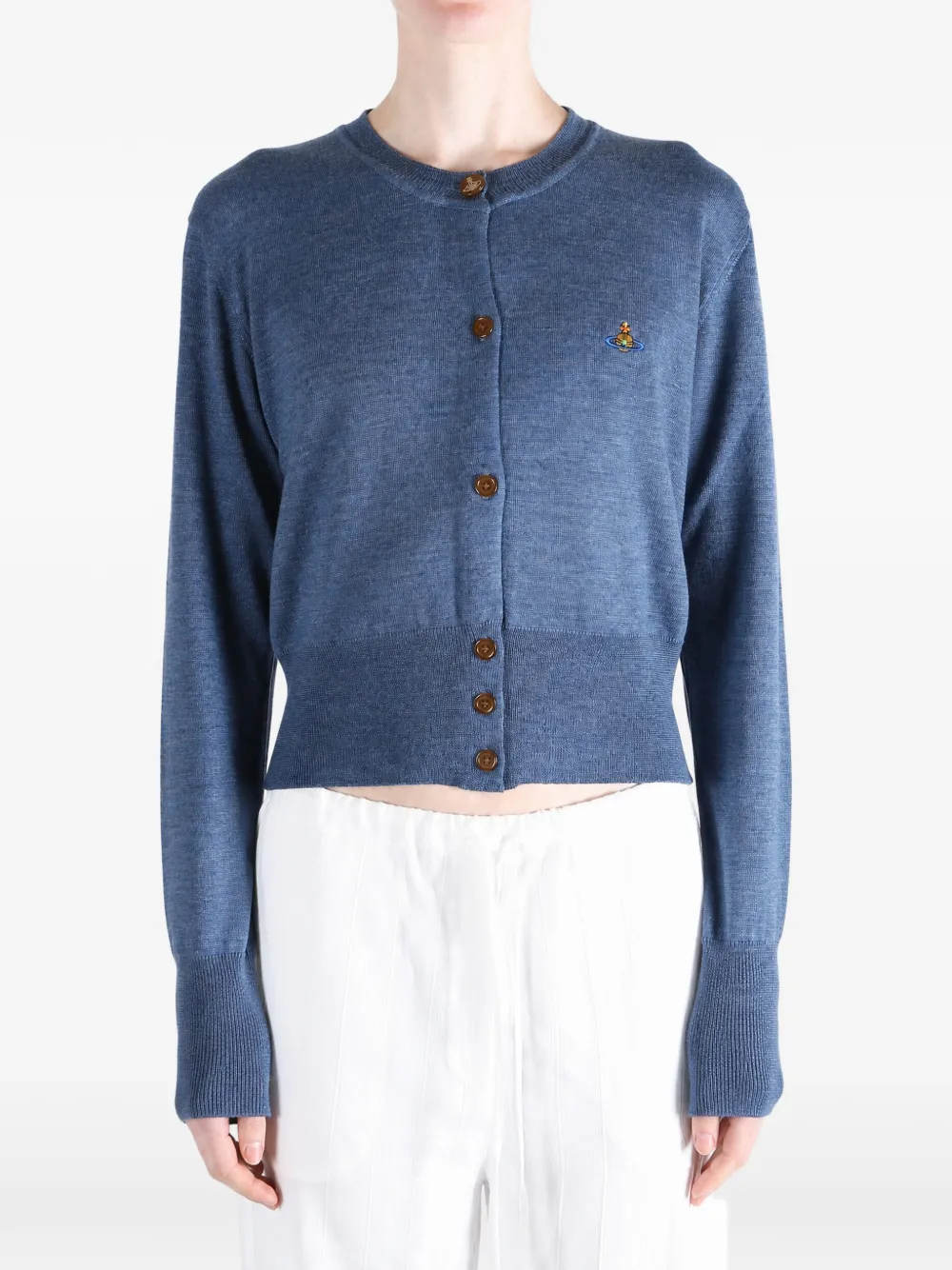 Vivienne Westwood Bea Orb-embroidered Ribbed-trim Cardigan In Blue
