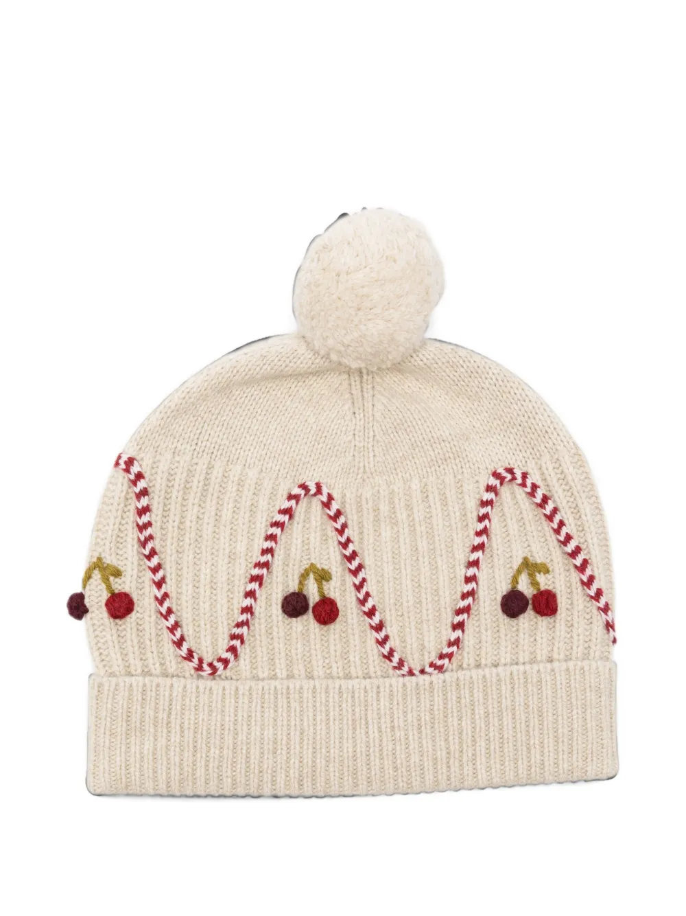 Bonpoint Muts met geborduurde kersen en pompon Beige