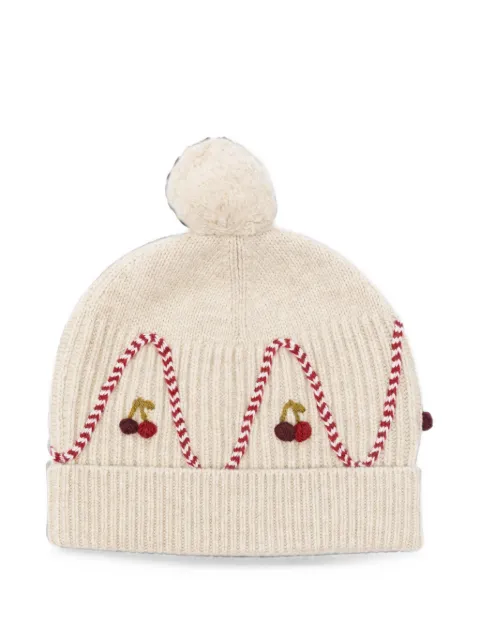 Bonpoint cherry-embroidered pompom beanie hat