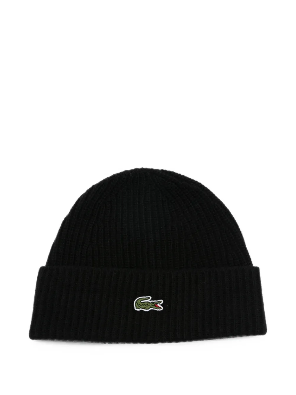 Lacoste Ribbed-knit Logo-patch Beanie Hat In 블랙