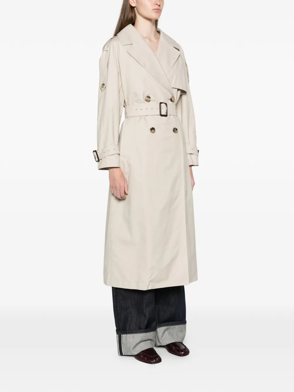 Max Mara long double-breasted trench coat in water-repellent cotton beige