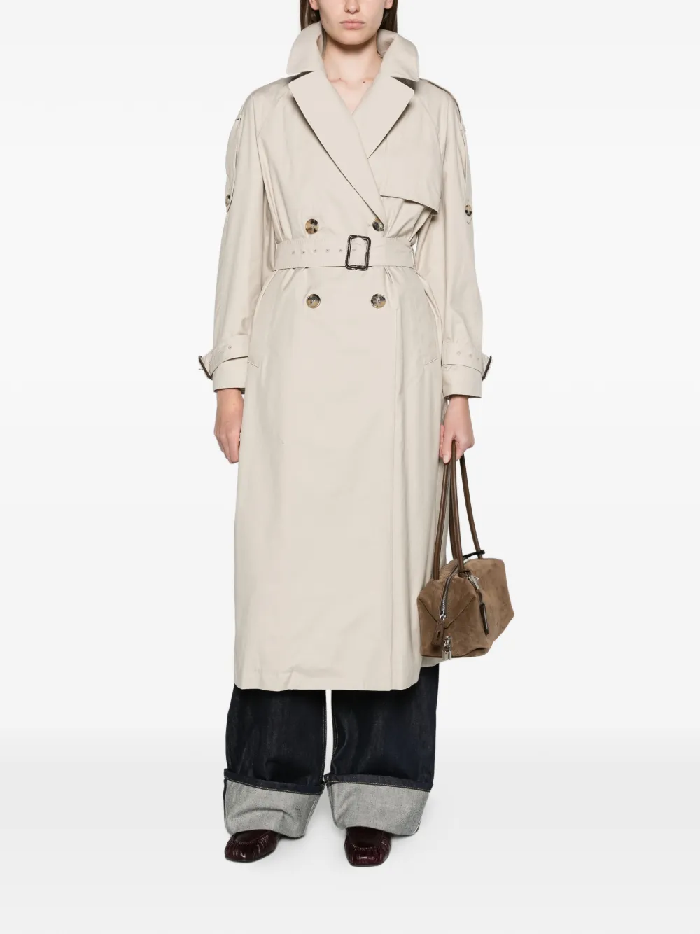 Max Mara long double-breasted trench coat in water-repellent cotton beige
