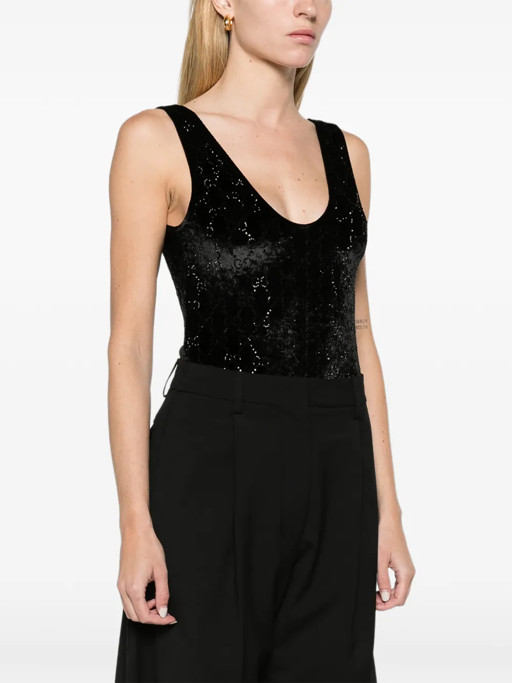 Gucci chenille bodysuit with GG crystals Zwart