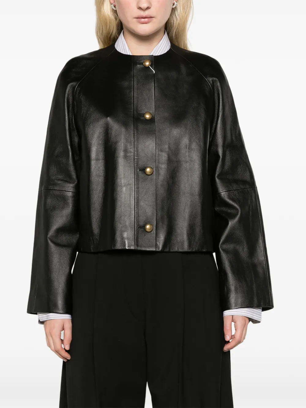 Max Mara nappa leather crew-neck jacket black Zwart