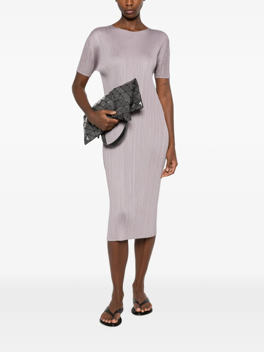 Issey Miyake Pleated Short-sleeve Midi Dress In 퍼플