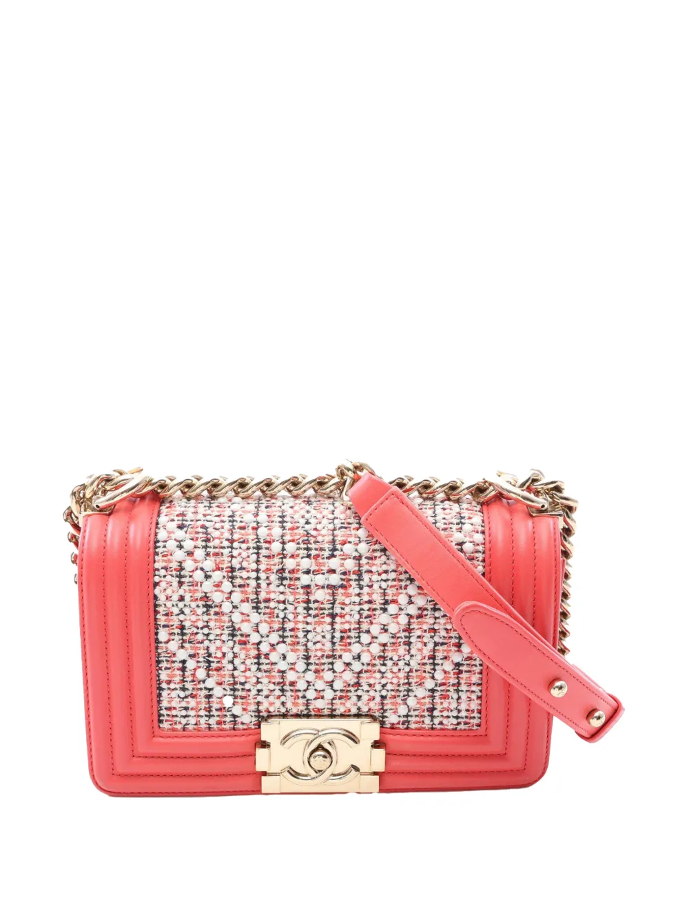 CHANEL Pre-Owned 2019 Small Chevron Tweed and Lambskin Pearl Boy Flap crossbody bag - Rosa