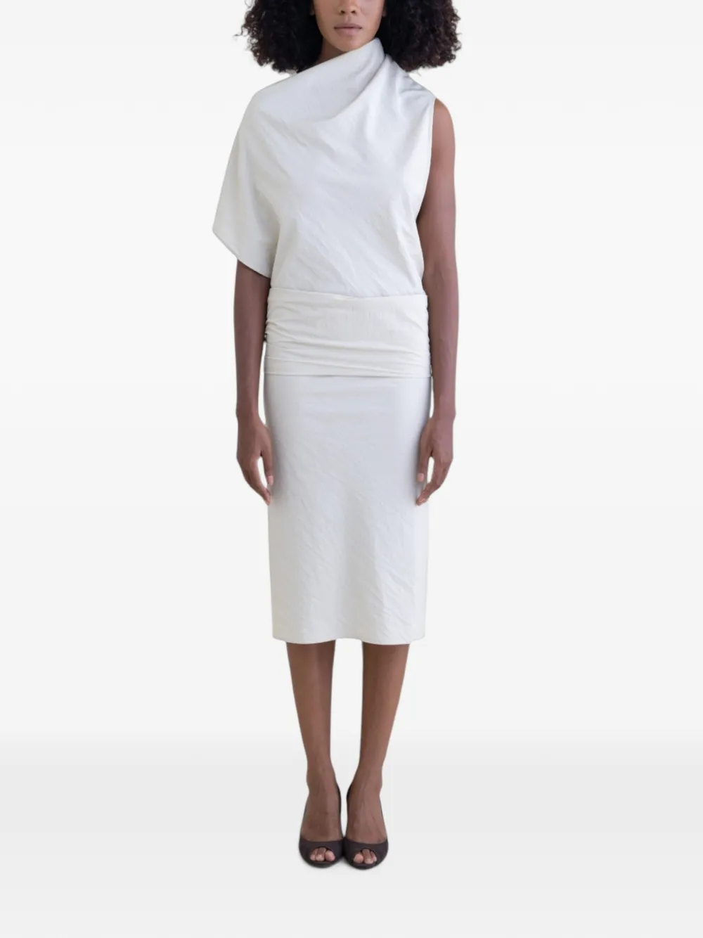 BELLE ANNA Reverie gedrapeerde asymmetrische midi-jurk Beige
