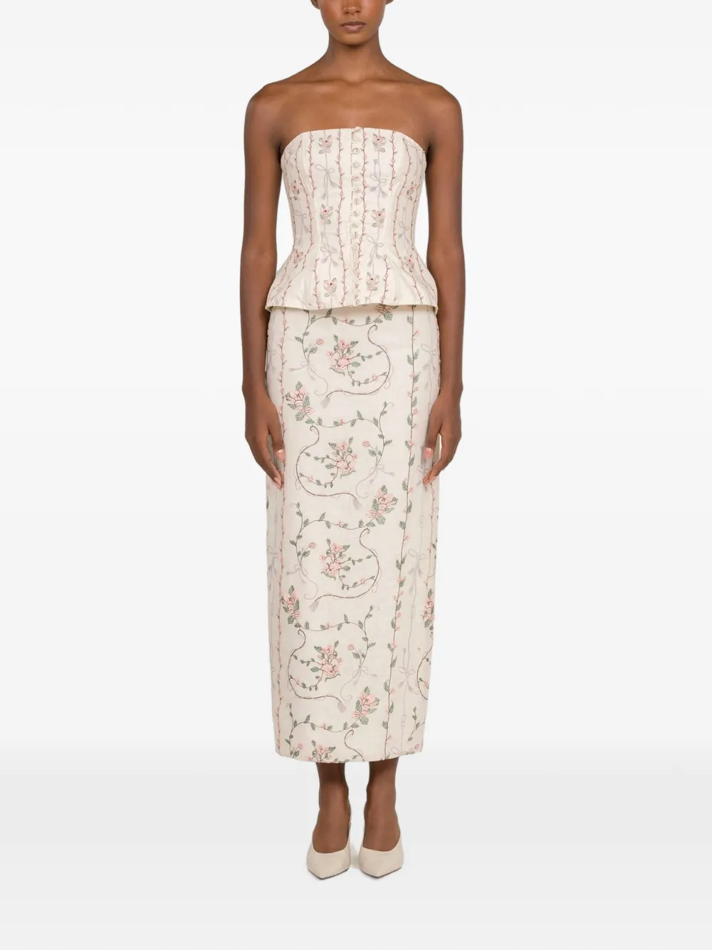 Agua By Agua Bendita Lirica Navegante Floral-embroidered Maxi Skirt in Neutrals, view 2