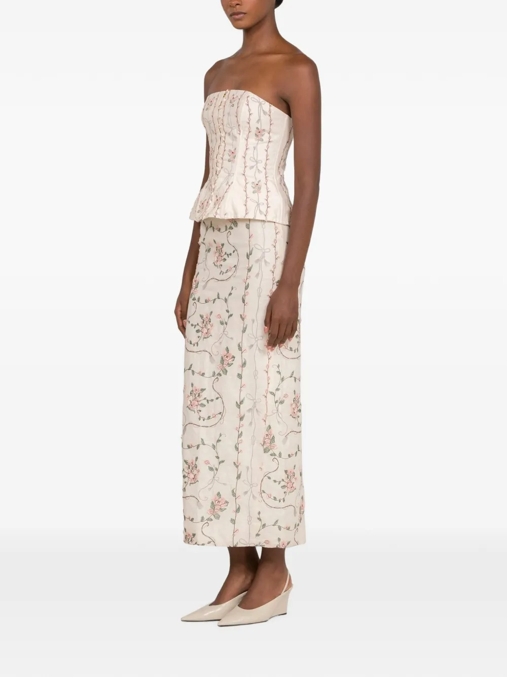 Agua By Agua Bendita Lirica Navegante Floral-embroidered Maxi Skirt in Neutrals, view 3