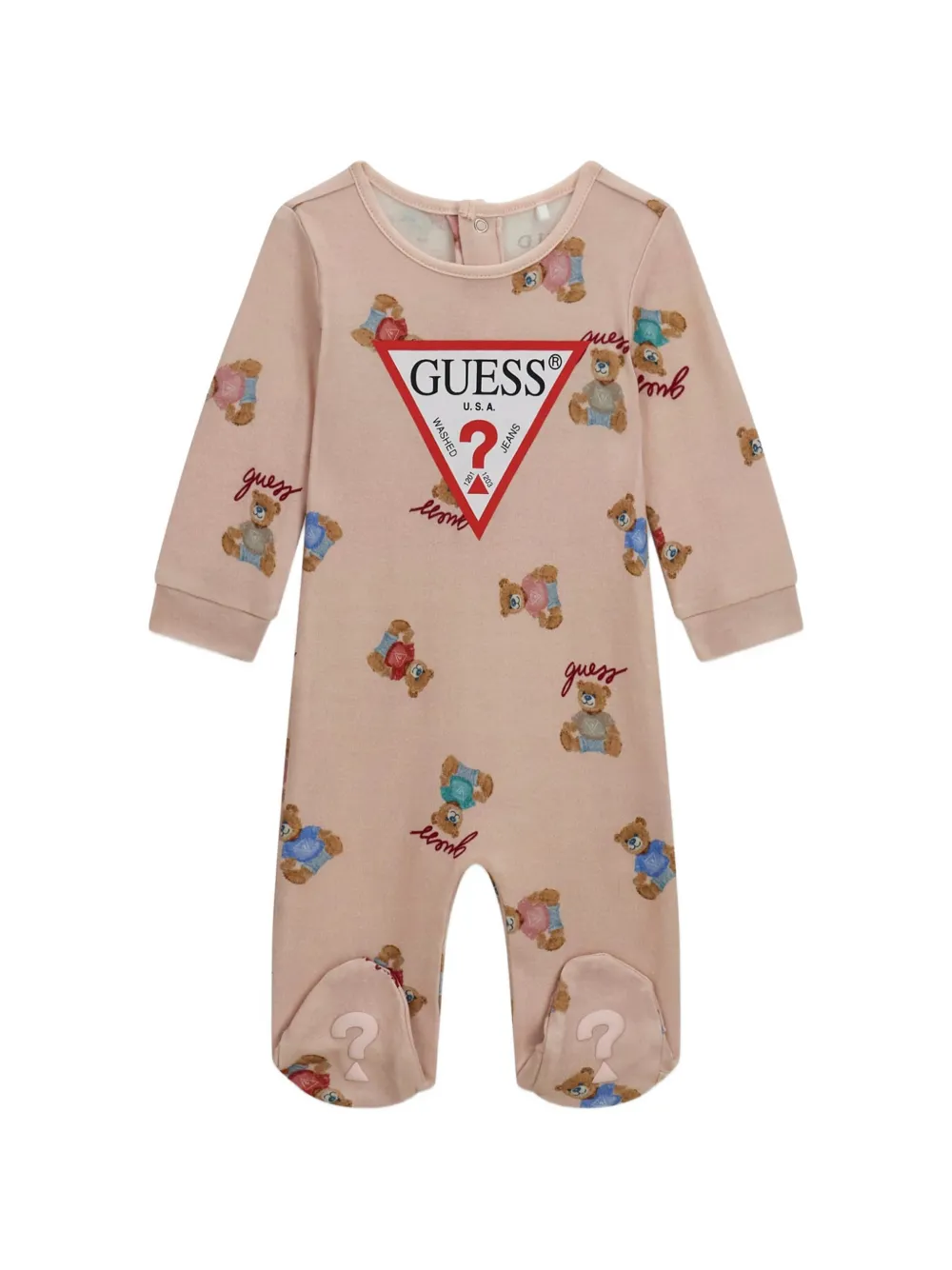guess kids teddy-bear print logo-patch sleepsuit - Rosa
