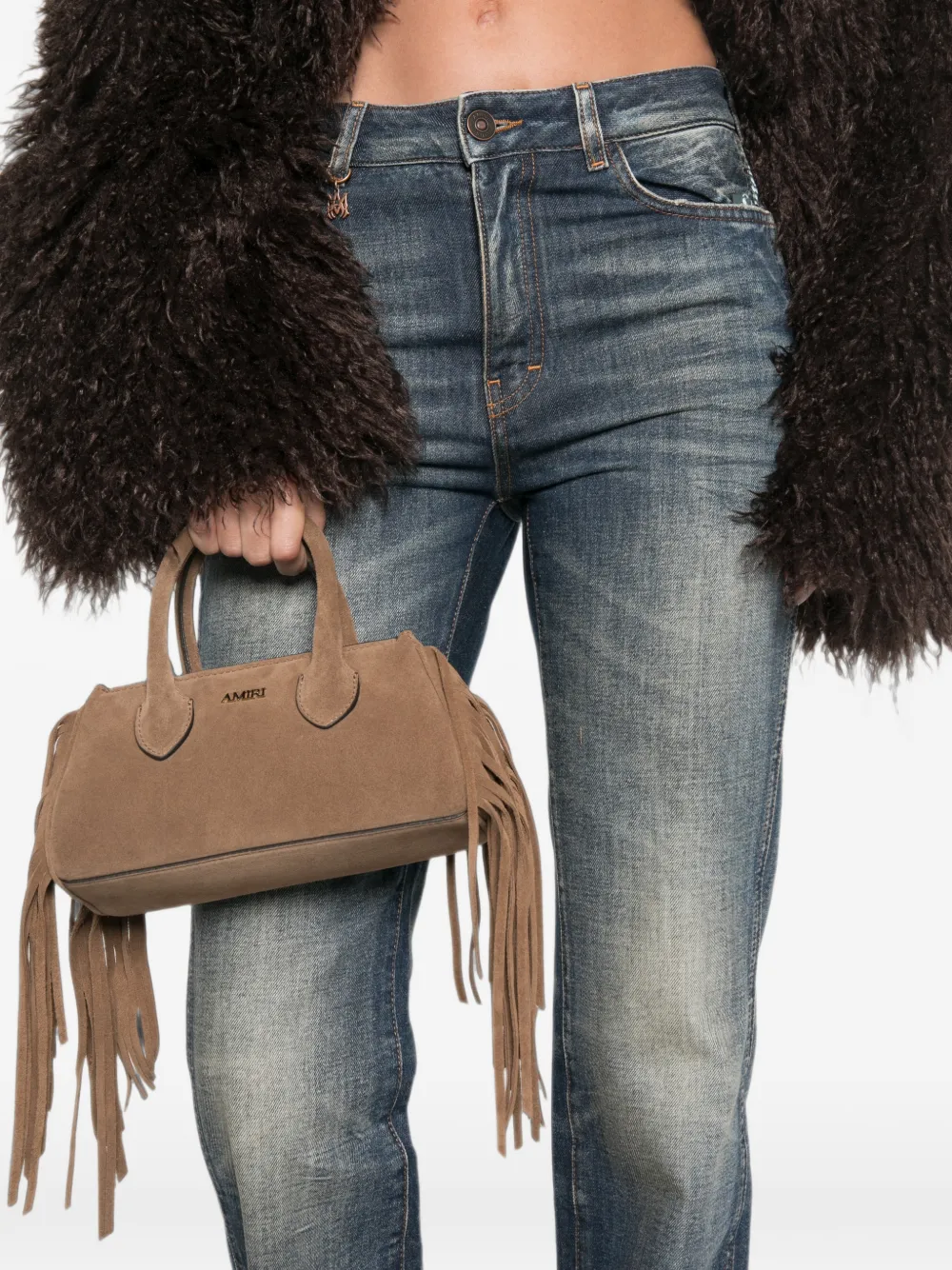 AMIRI Micro suède shopper met franje Bruin