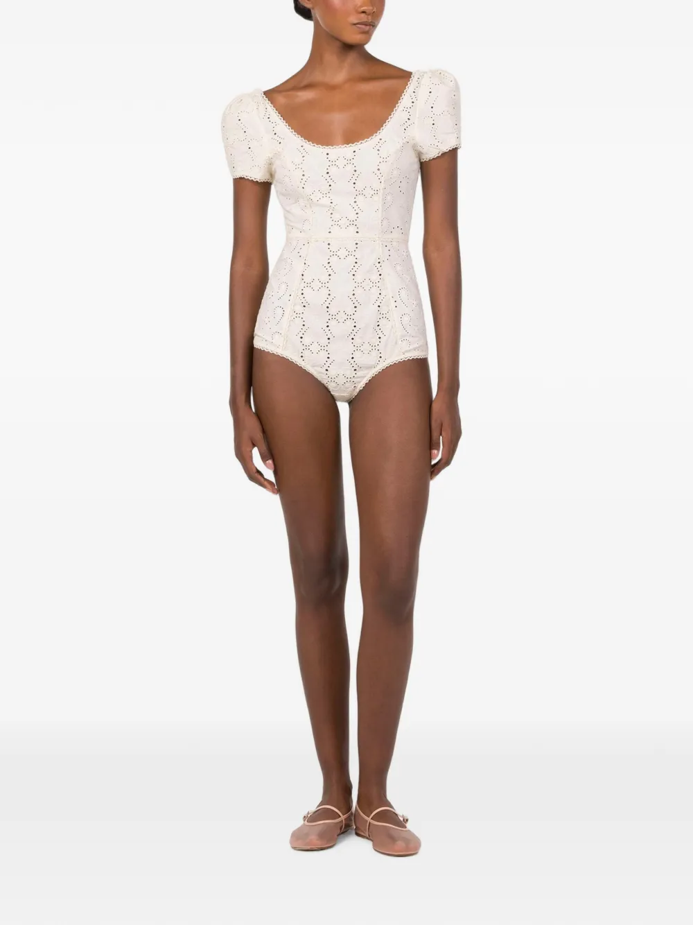 Agua By Agua Bendita Gaviota Playa Eyelet-embroidered Bodysuit in Neutrals, view 3
