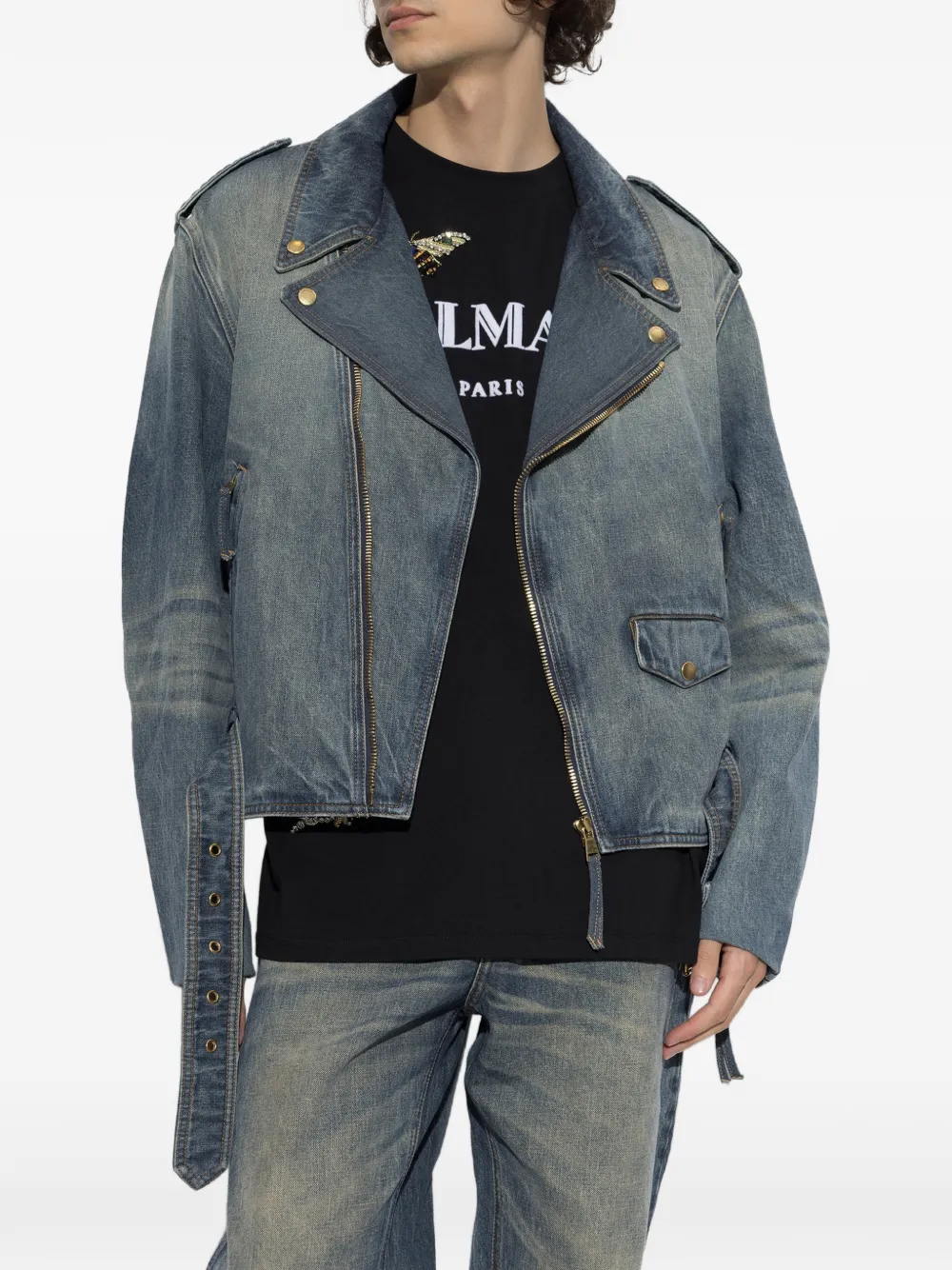 Balmain Denim bikerjack met ceintuur Blauw