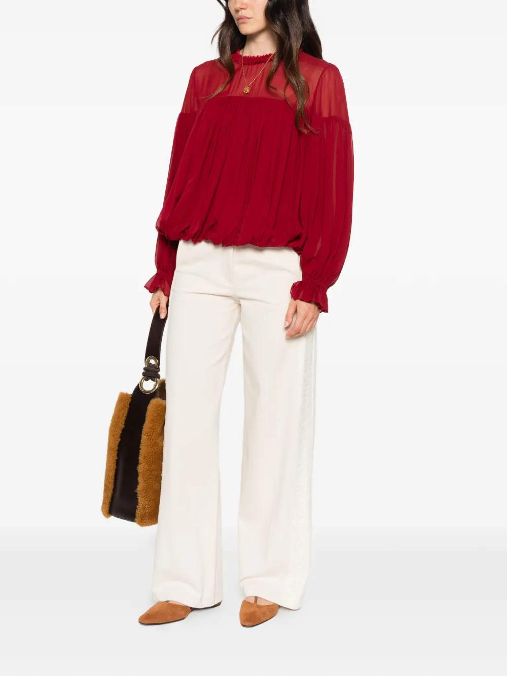 Ulla Johnson Zijden blouse met ruches en parel Rood