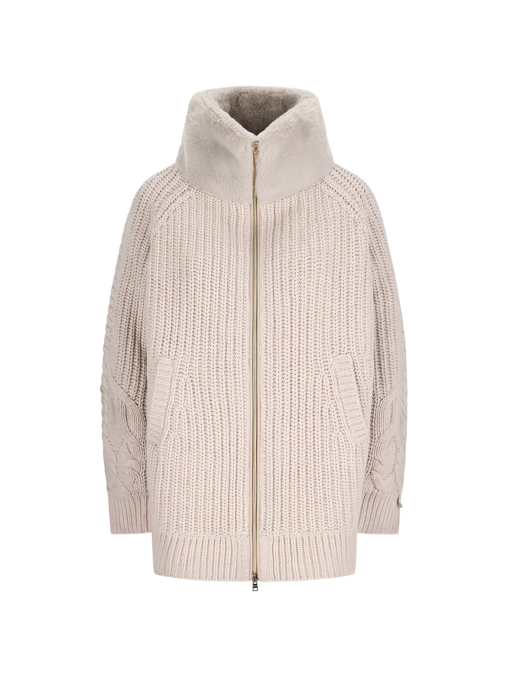 Herno faux-fur panelled cable-knit cardigan