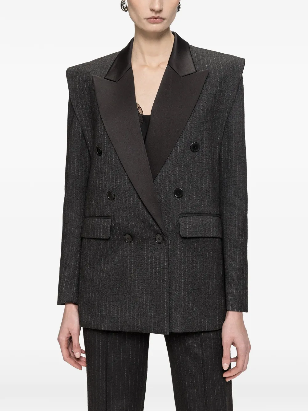 NISSA pinstripe contrast-lapel double-breasted blazer - Grigio