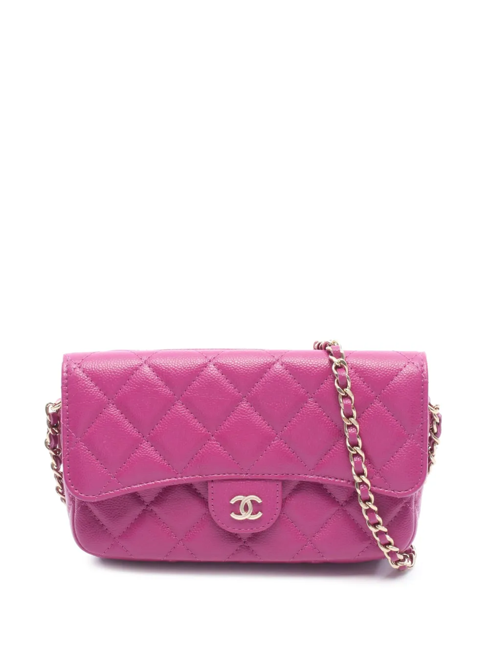 Pre-owned Chanel 2021-2026 Cc Quilted Caviar Flap Phone Holder Wallet On Chain Crossbody Bag In Pink