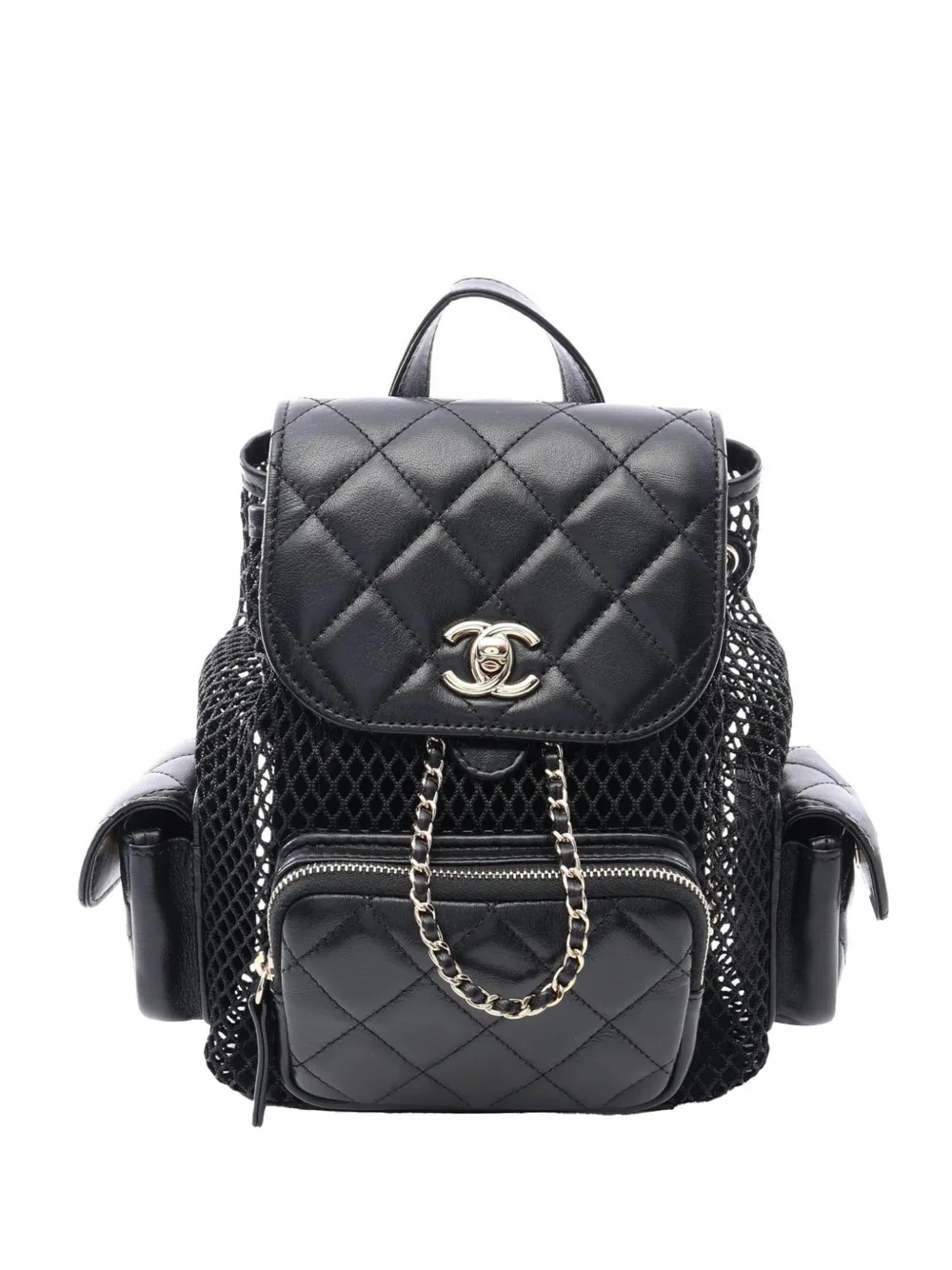 Pre-owned Chanel 2022 Small Quilted Shiny Lambskin And Mesh Cargo Duma Drawstring Backpack In Black
