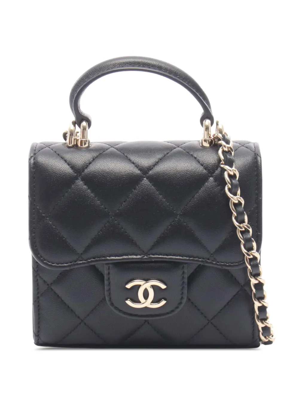 Pre-owned Chanel 2021 Mini Cc Quilted Lambskin Top Handle Clutch With Chain Satchel In Black