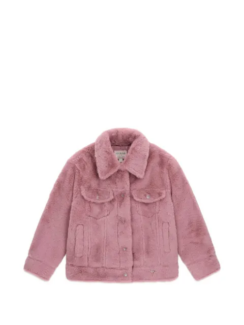 guess kids faux-fur logo-patch jacket