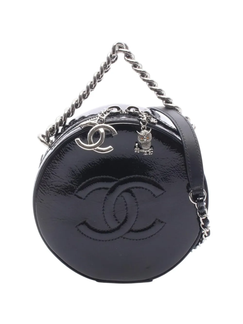 Pre-owned Chanel 2018-2019 Patent Leather Round As Earth Crossbody Satchel In Black