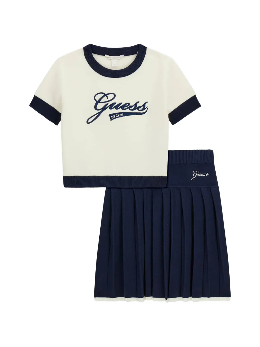 guess kids logo-embroidered pleated skirt and sweater set - Blu