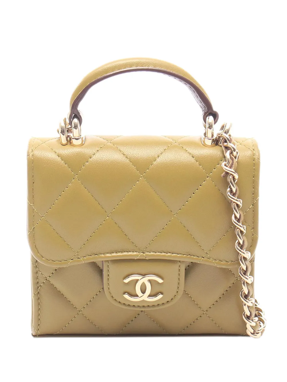 Pre-owned Chanel 2021-2026 Mini Cc Quilted Lambskin Top Handle Clutch With Chain Satchel In Yellow