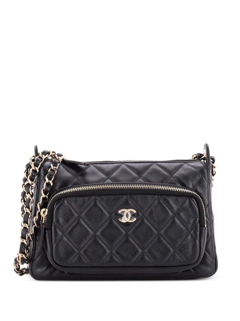 CHANEL Pre-Owned Borsa a spalla CC grande in pelle di agnello trapuntata con tasca, zip e catena - Nero