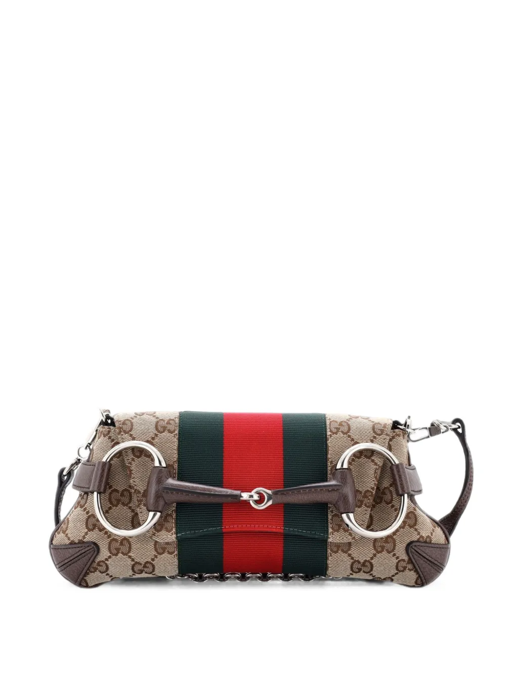Gucci Pre-Owned Borsa a spalla Horsebit NM piccola in tela GG con decorazione Web e catena - Marrone