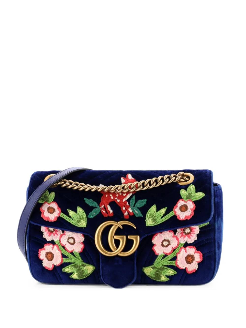 Gucci Pre-Owned GG Marmont Flap Bag Embroidered Matelasse Velvet Small shoulder bag - Blu