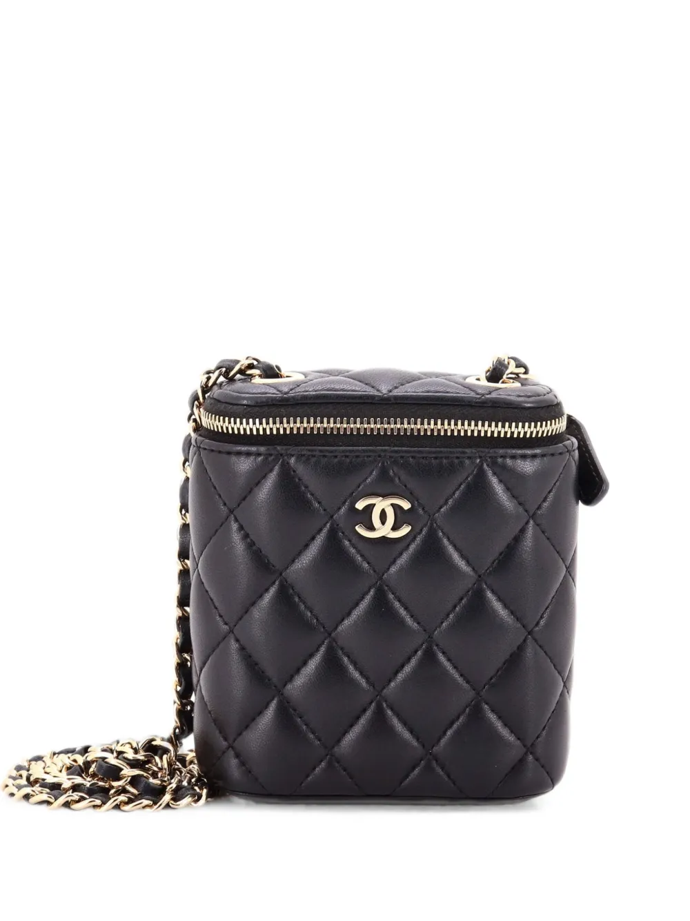 Pre-owned Chanel Vertical Classic Vanity Case With Chain Quilted Lambskin Small Clutch Bag In Black