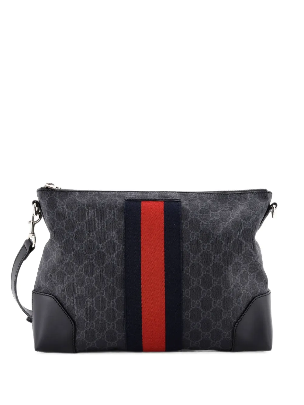 Gucci Pre-Owned Borsa a tracolla media in tela cerata GG con zip e decorazione Web - Nero