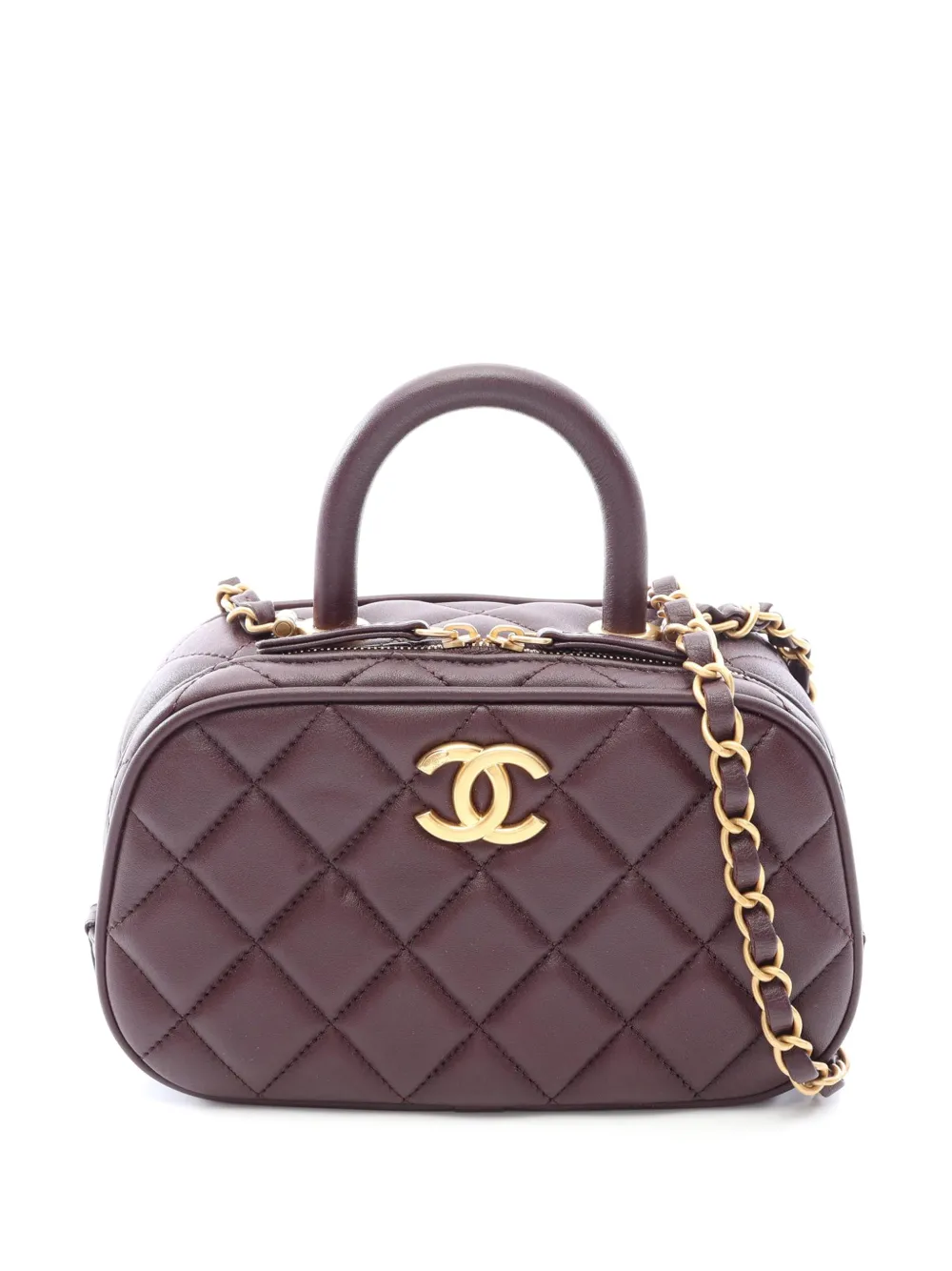Pre-owned Chanel 2021-2026 Mini Cc Quilted Lambskin Bowling Bag Satchel In Brown
