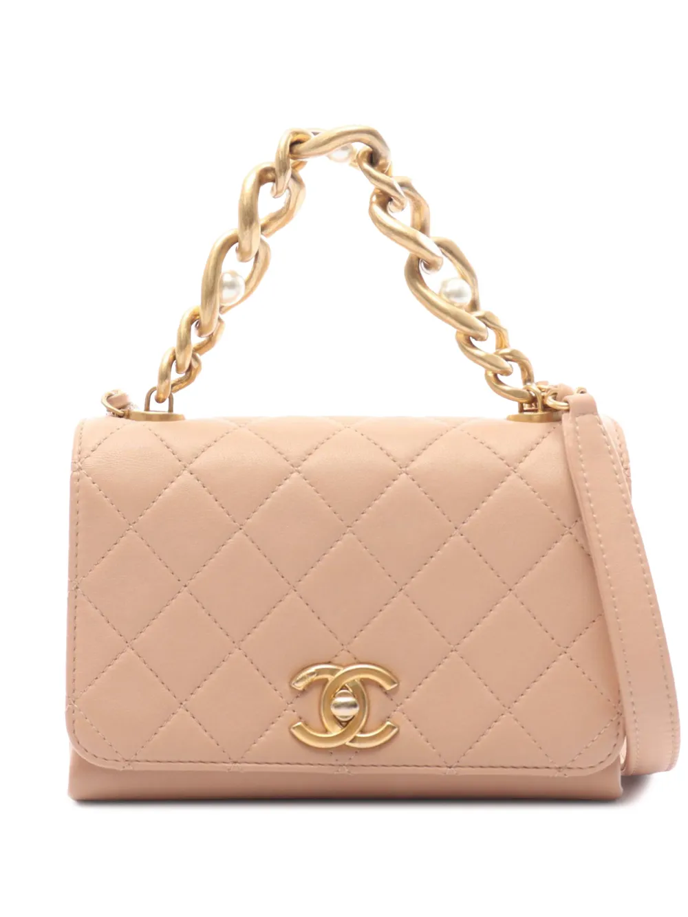 Pre-owned Chanel 2021-2026 Quilted Calfskin Pearl Jewel Chain Flap Satchel In Neutrals
