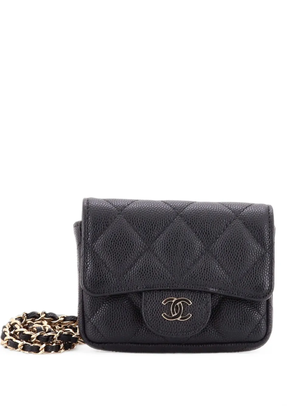 Pre-owned Chanel Classic Flap Chain Quilted Caviar Mini Belt Bag In Black