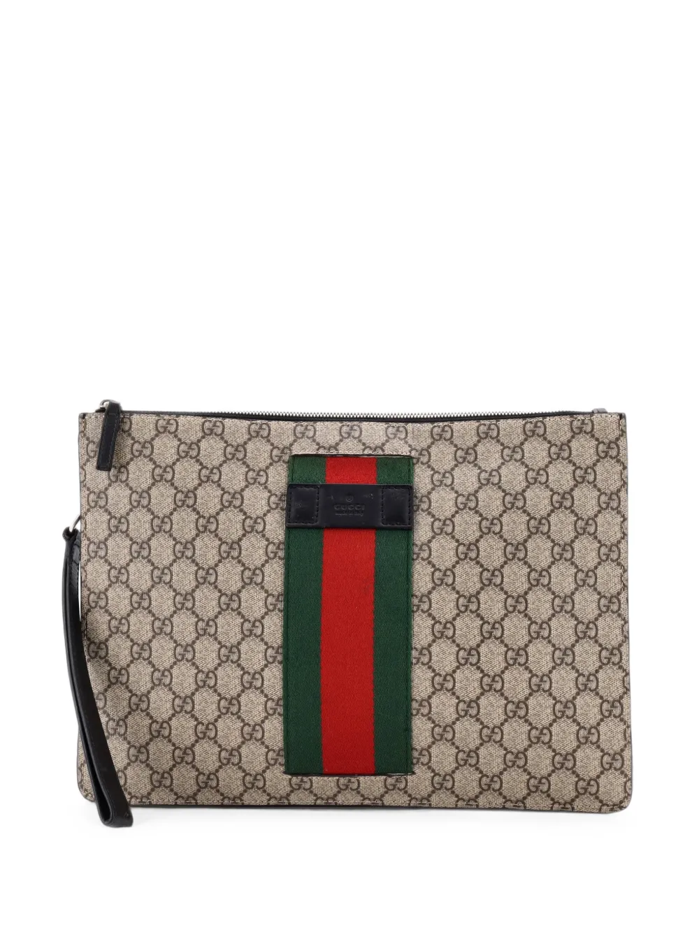 Pre-owned Gucci Web Wristlet Gg Coated Canvas Clutch Bag In Brown