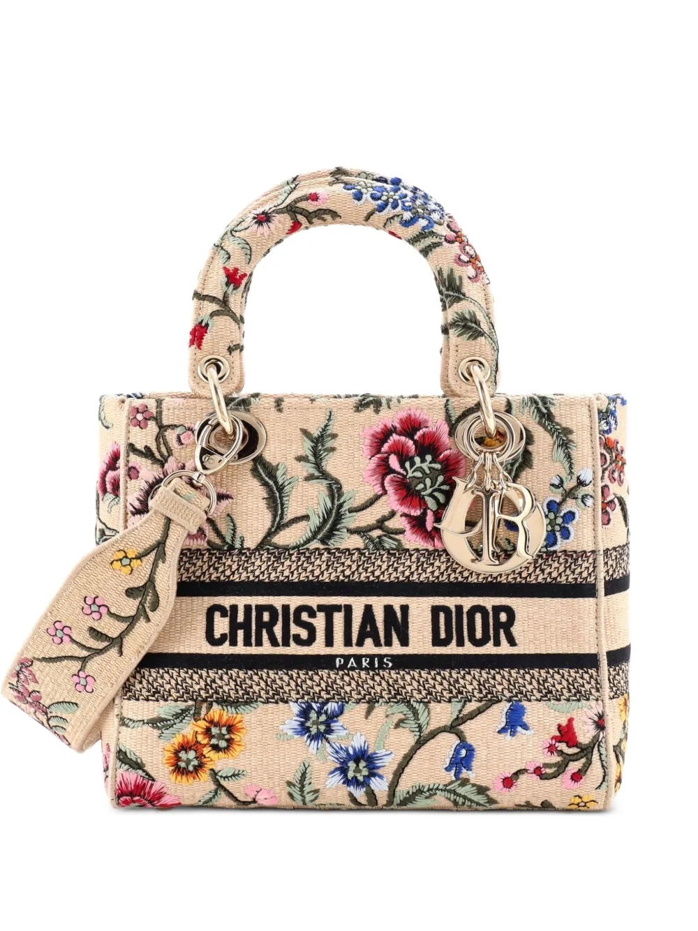 Christian Dior Pre-Owned Mittelgroße Lady D-Lite Satchel-Tasche aus Raffiabast mit Stickerei - Nude