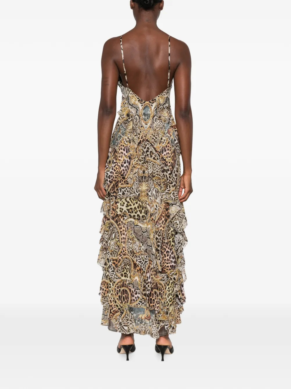 Camilla Jurk met luipaardprint en ruches Bruin