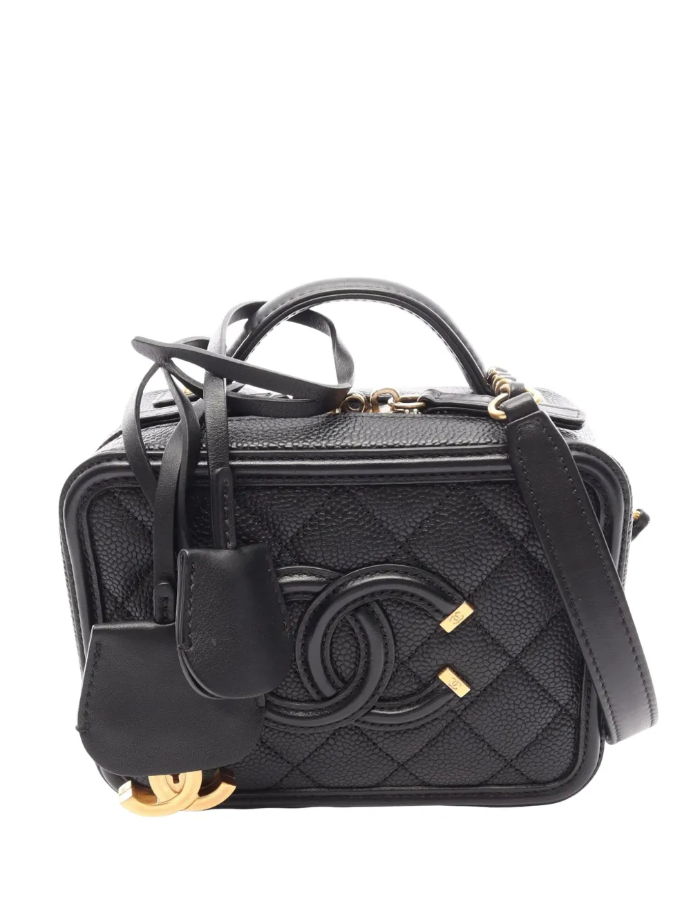 Pre-owned Chanel 2018-2019 Small Caviar Cc Filigree Vanity Case Satchel In Black