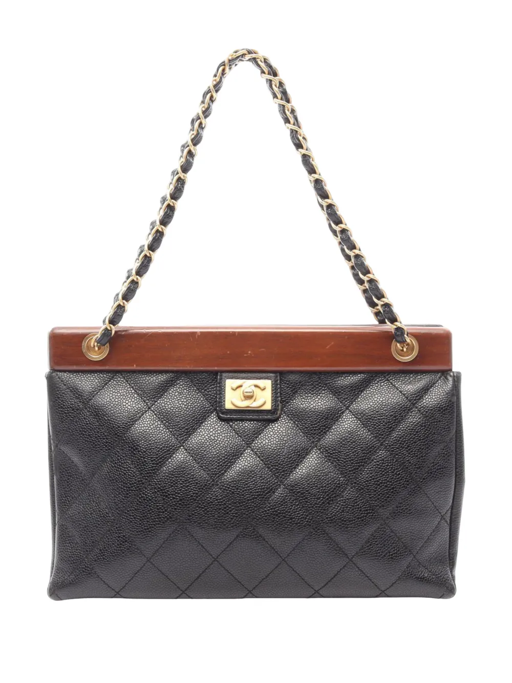 Pre-owned Chanel 2003-2004 Quilted Caviar Wood Chain Shoulder Bag In Black