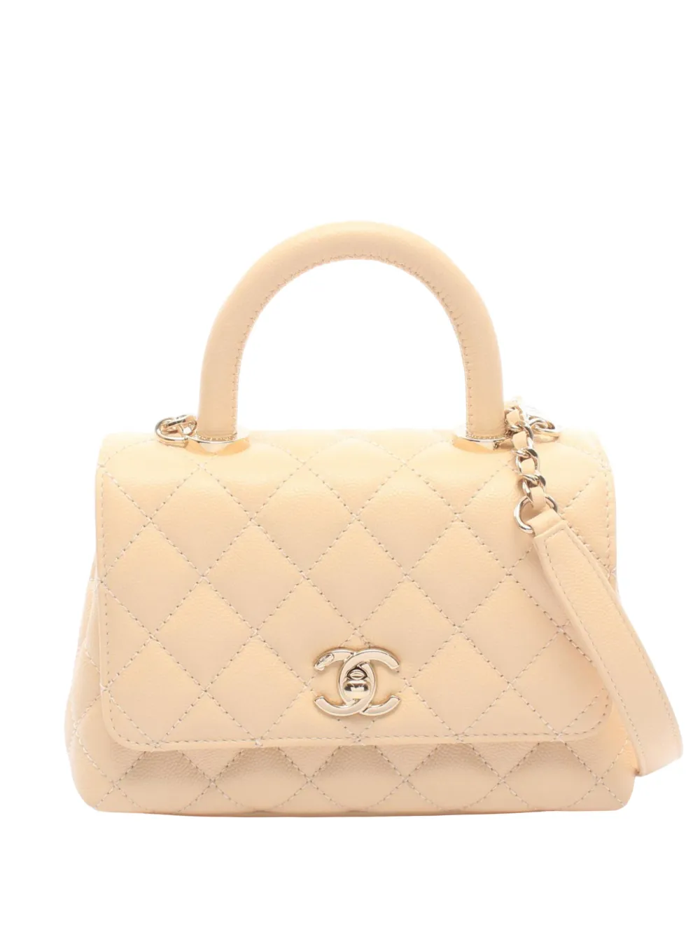 Pre-owned Chanel 2021-2026 Extra Mini Quilted Caviar Coco Top Handle Bag Satchel In Neutrals