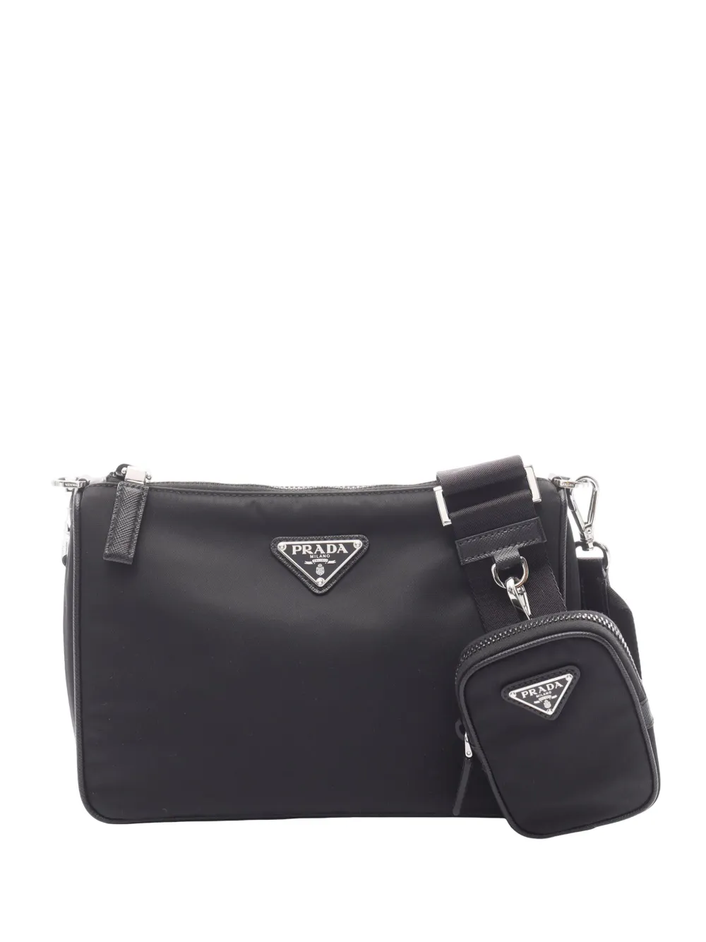 Prada Pre-Owned Borsa a tracolla in nylon riciclato con finiture in pelle Saffiano e zip 2013-2026 - Nero