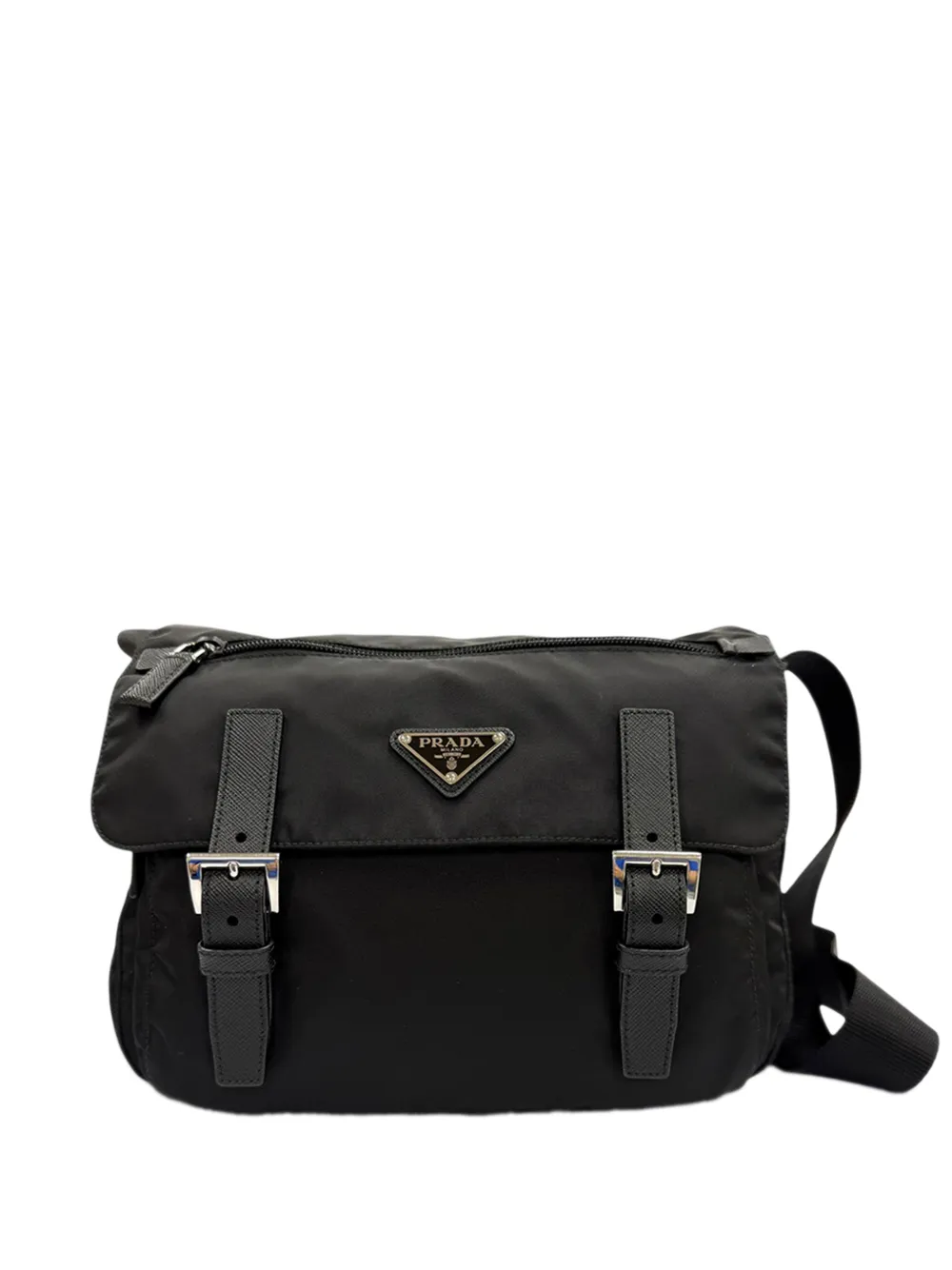 Prada Pre-Owned 2013-2026 Saffiano Trimmed Tessuto Zip Double Buckle Messenger Bag crossbody bag - Nero