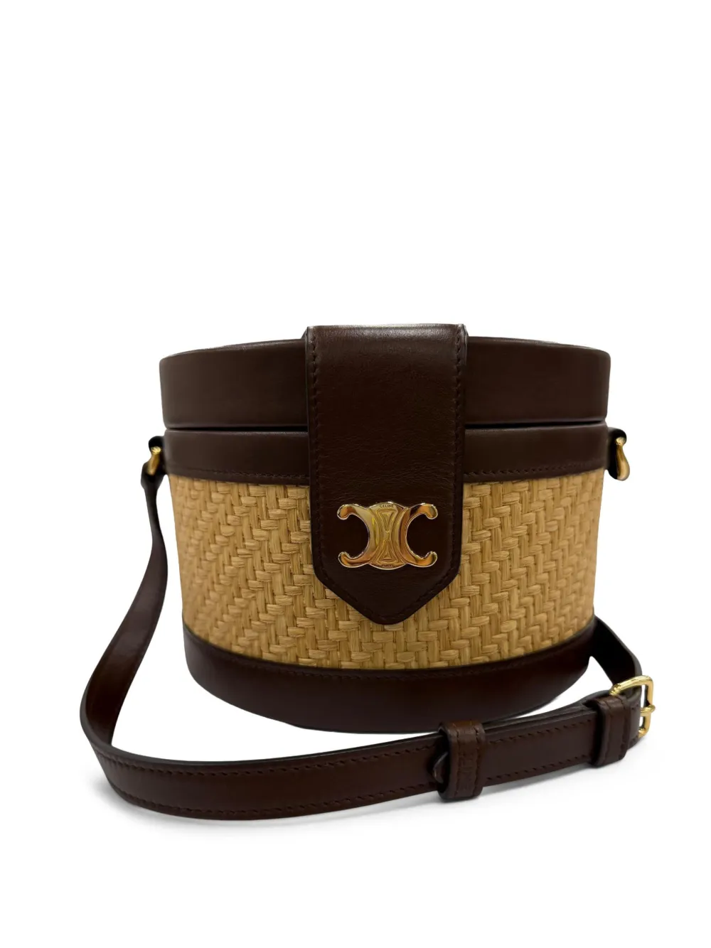 Celine Pre-Owned 2018-2026 Medium Raffia and Calfskin Triomphe Tambour crossbody bag - Marrone