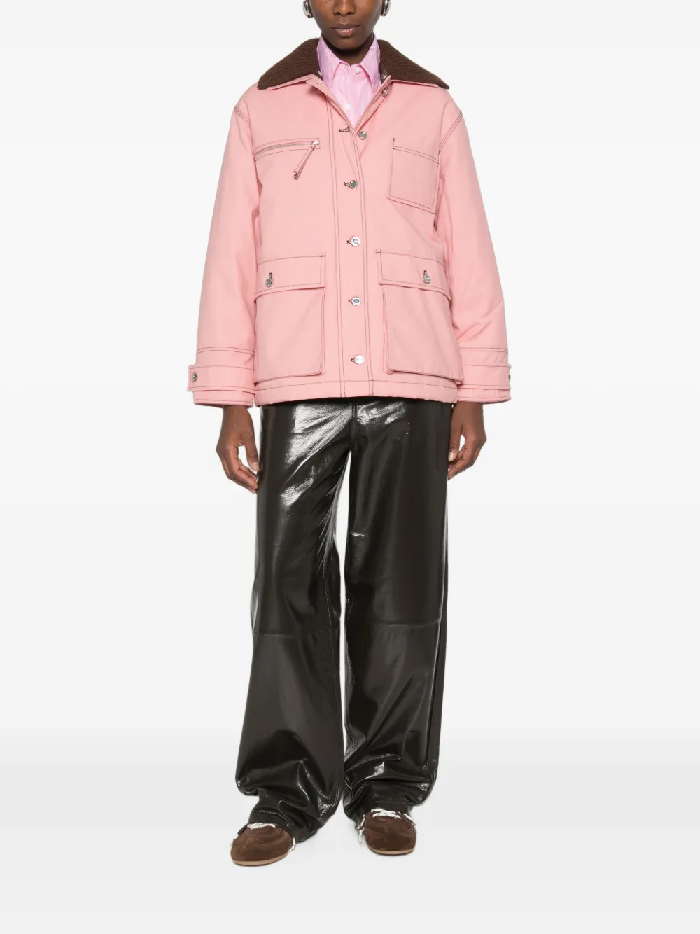 Stine Goya Ribgebreid jack met contrasterende stiksels en kraag Roze