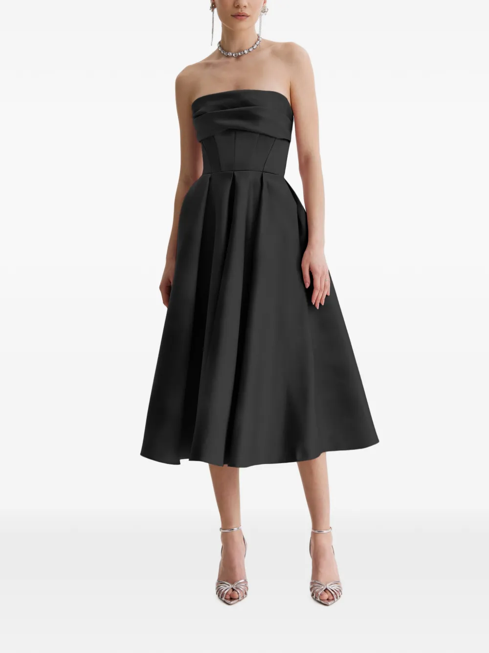 Framboise Napea Strapless Pleated Midi Dress In Black
